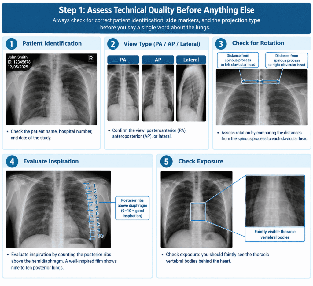 Chest X-Ray Interpretation: A Systematic Student Approach 6 Chest X-Ray Interpretation - Step 1 Assess Technical Quality Before Anything Else