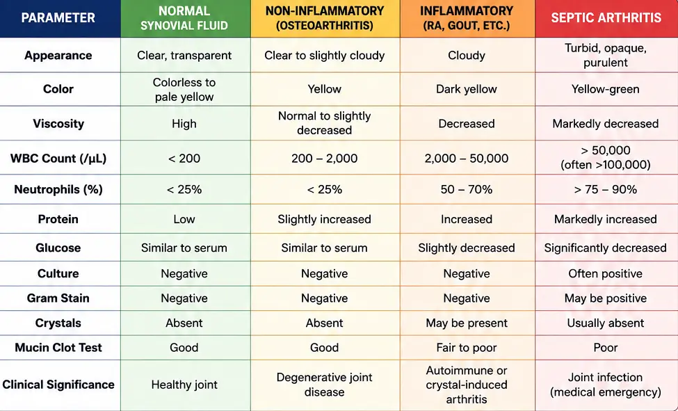 Synovial Fluid: Composition, Function & Synovial Fluid Analysis 7 Synovial Fluid Analysis Reference Table